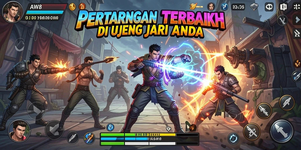 Screenshot utama AW8 menampilkan aksi pertarungan yang intens.