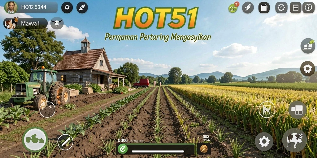 Tangkapan layar gameplay HOT51 menunjukkan ladang yang subur dan aktivitas pertanian.