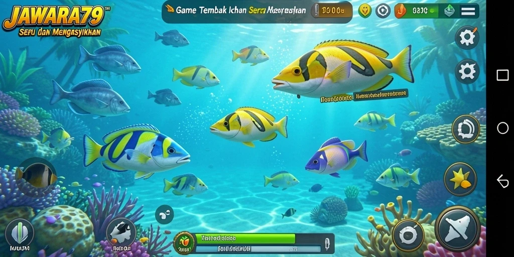 Tampilan gameplay JAWARA79 dengan aksi tembak ikan yang seru.