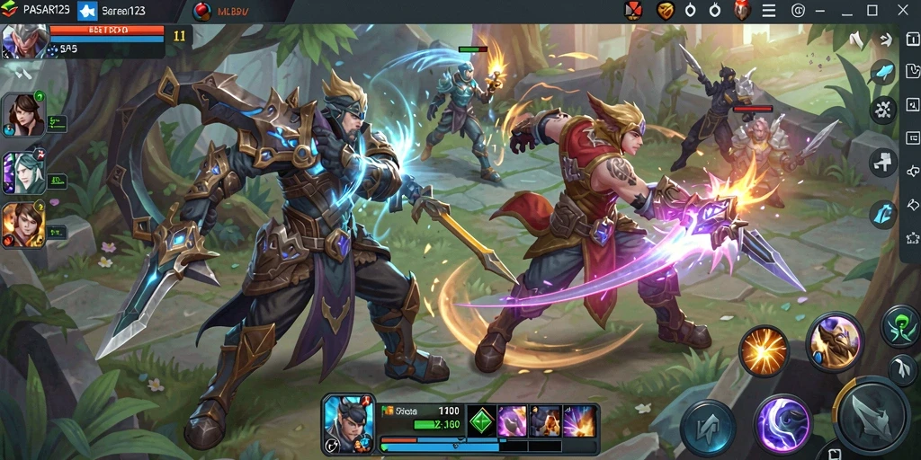Tampilan gameplay PASAR123 yang seru dan penuh aksi dalam pertempuran MOBA.