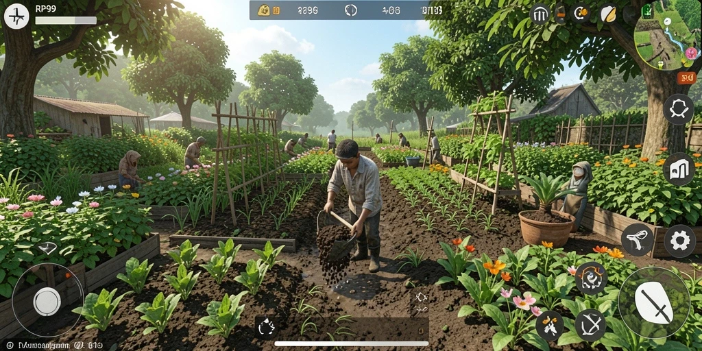 Tampilan gameplay RP99 dengan kebun yang indah dan hewan-hewan lucu.