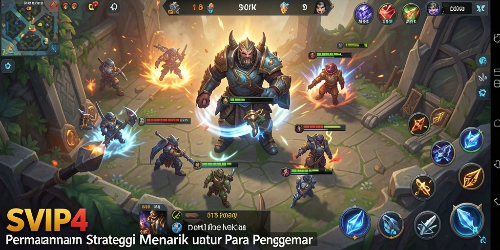 Screenshot dari gameplay SVIP4 menampilkan pertempuran strategi yang intens.