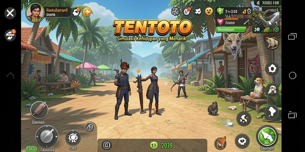 Screenshot utama TENTOTO menampilkan karakter pemain berinteraksi dalam dunia virtual.