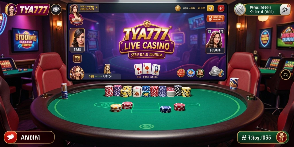 Screenshot gameplay TYA777 menunjukkan dealer langsung yang ramah dan permainan seru.